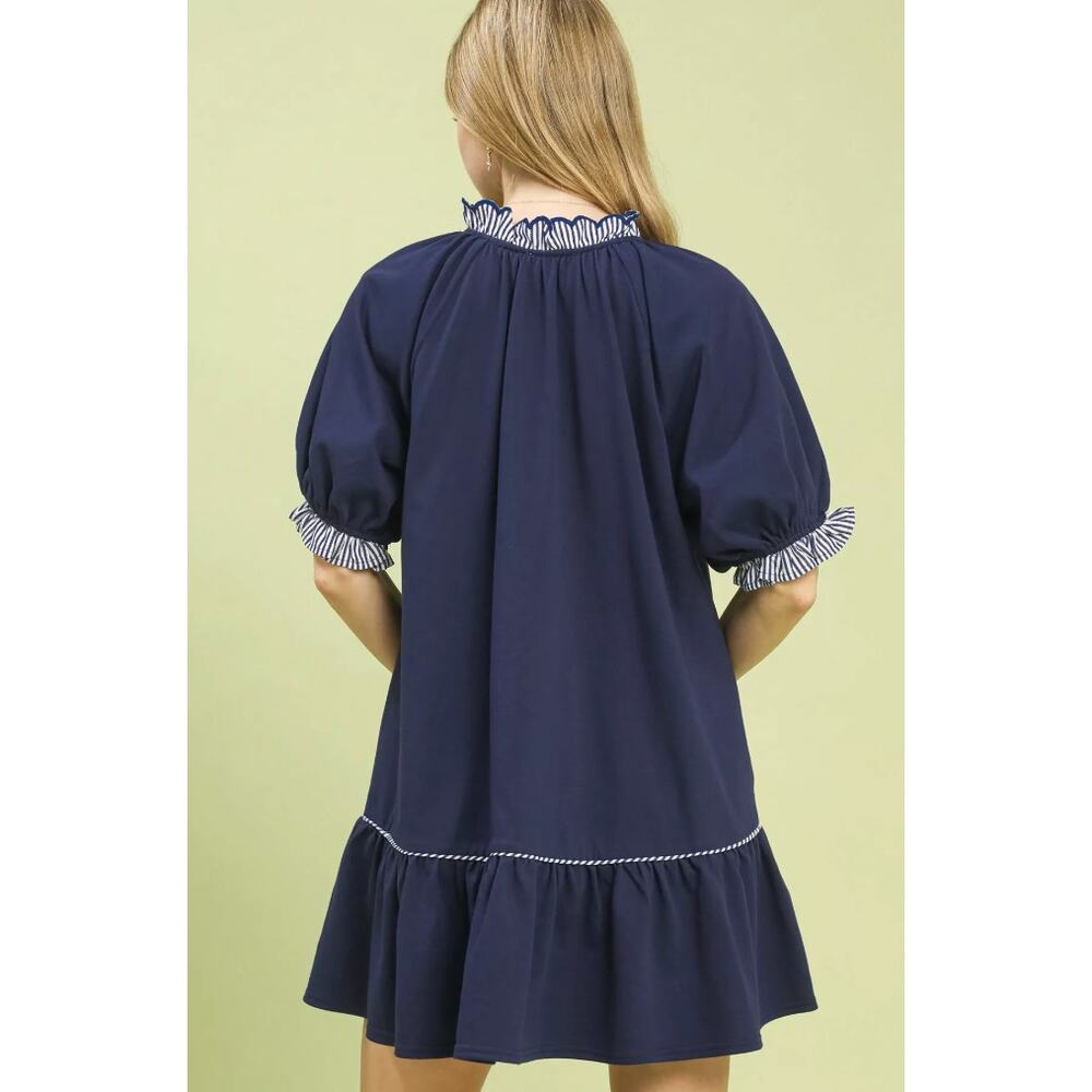 New with tags Umgee French Terry Mini Dress S Blue Ruffle Striped Trim Boho - Picture 3 of 16